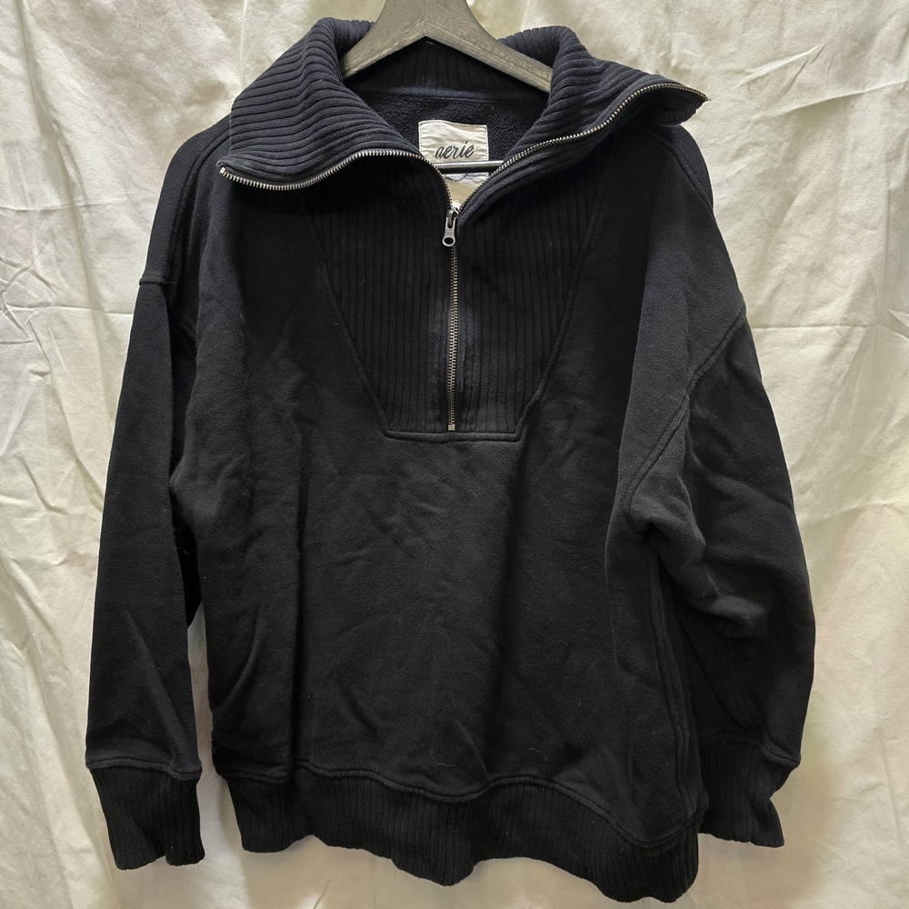 Aerie Black Down To Earth 1/2 Zip Pullover Sweatshirt Small Oversized Relaxed‎
